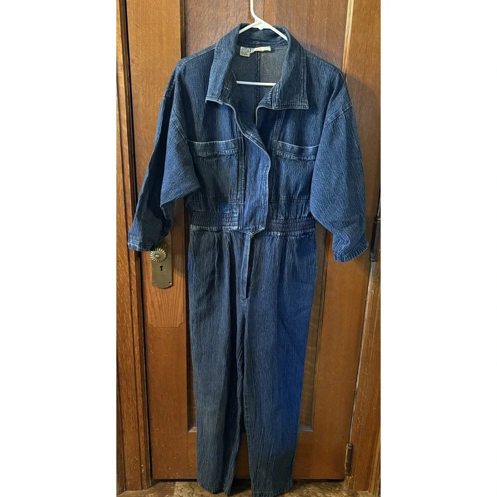 Vintage 80's Denim Jumpsuit 100% Cotton Zip Front Size 11/12 Cargo Pockets Retro
